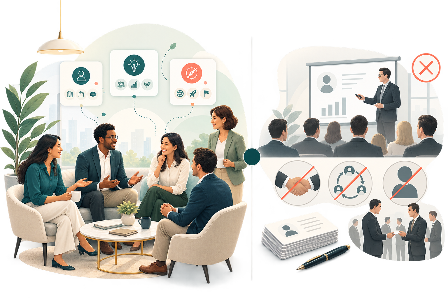 A relaxed hosted business conversation without compulsory pitching or referral obligations