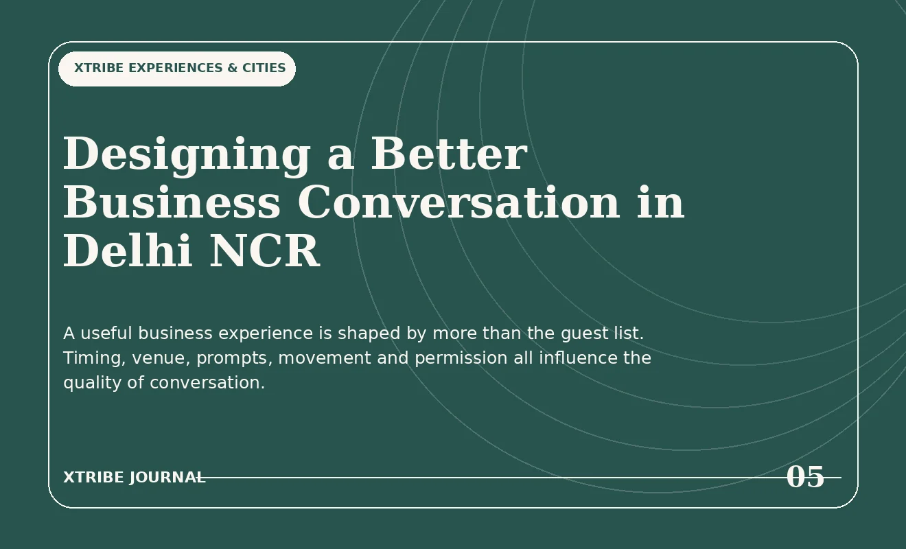 Editorial illustration of a hosted business conversation in Delhi NCR