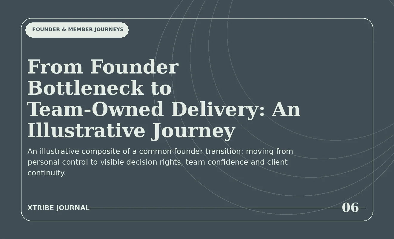 Editorial illustration of a founder moving from bottleneck to team-owned delivery